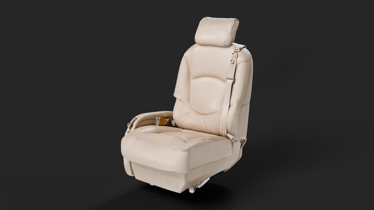 3D scan of a leather aircraft passenger seat from the front, with its seat belt and buckle